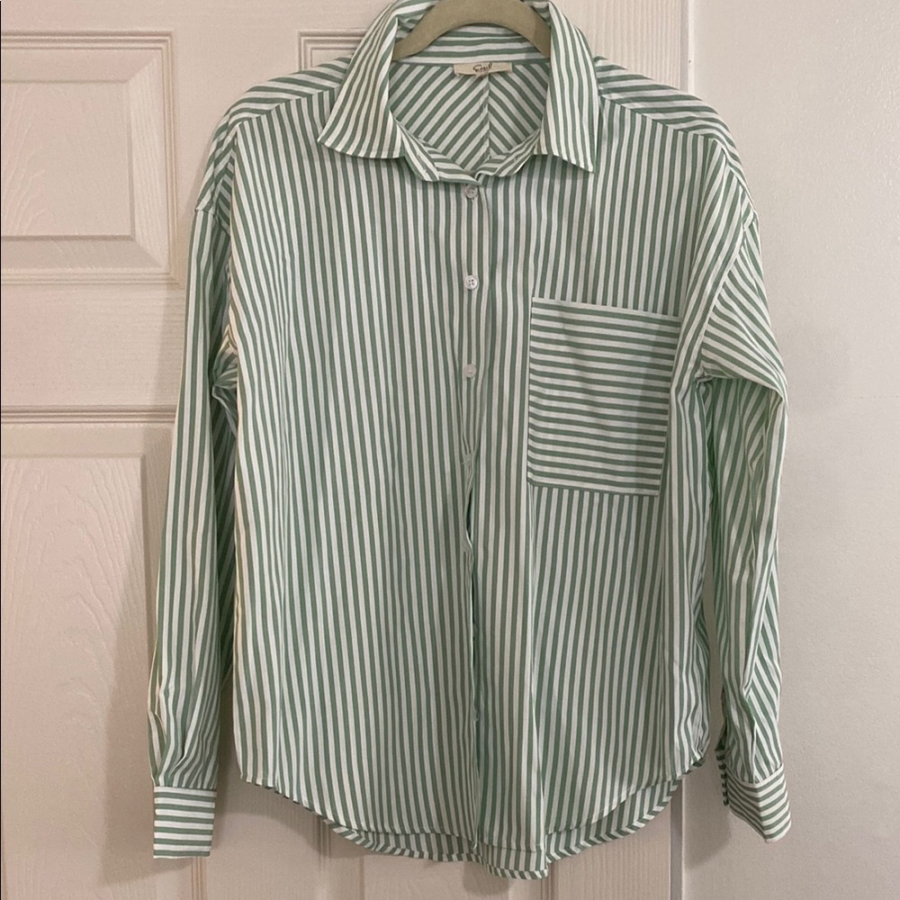 Women’s Green and White Striped Button-Up Shirt - Size Small